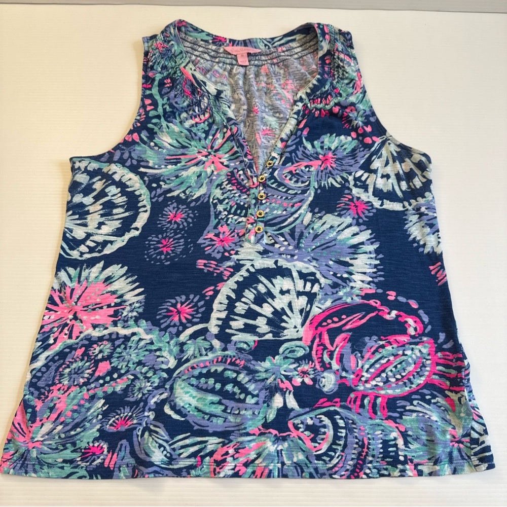 Lilly Pulitzer Essie Tank Blue Deep Indigo Gypsy Girl Sleeveless Top Size L